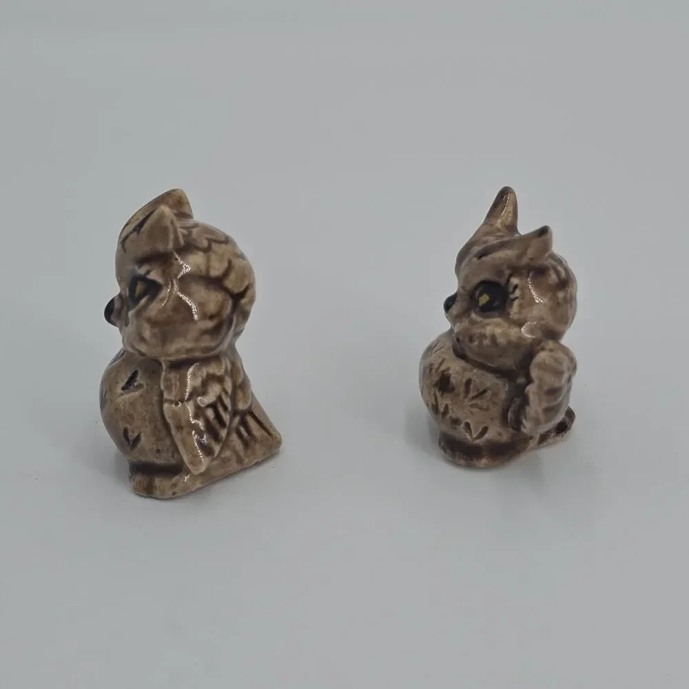 Vintage Ceramic Owl Figurines Miniature Set Collectibles Handpainted MCM 1970s